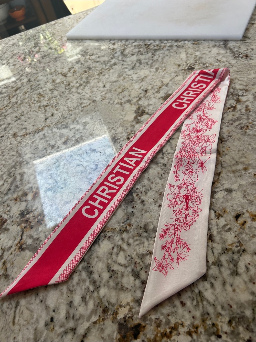 Christian Silk Twilly Scarf - Pink & White